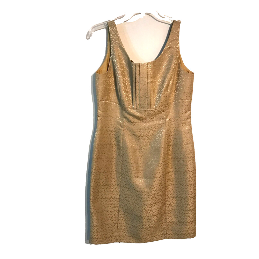 Tahari Women's Dress 8 Petite Gold Metallic Arthur S Levine Sleeveless Sheath